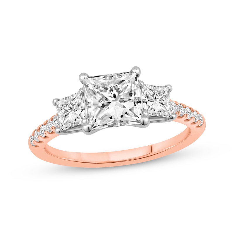 Main Image 1 of Now + Forever Lab-Grown Diamonds Princess-Cut Three-Stone Engagement Ring 2-1/5 ct tw 14K Rose Gold