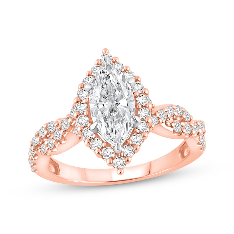 Main Image 1 of Now + Forever Lab-Grown Diamonds Marquise-Cut Halo Engagement Ring 1-1/2 ct tw 14K Rose Gold