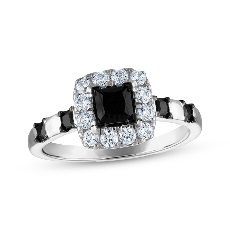 Main Image 1 of Now + Forever Princess-Cut Black Diamond & White Diamond Halo Engagement Ring 1-1/5 ct tw 14K White Gold