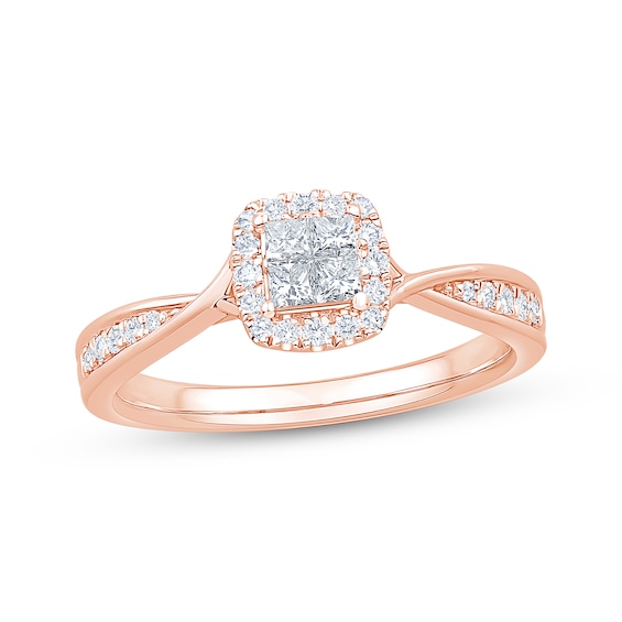 Now + Forever Princess-Cut Diamond Quad Halo Engagement Ring 1/3 ct tw 10K Rose Gold