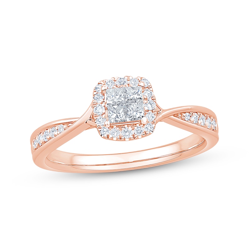 Main Image 1 of Now + Forever Princess-Cut Diamond Quad Halo Engagement Ring 1/3 ct tw 10K Rose Gold