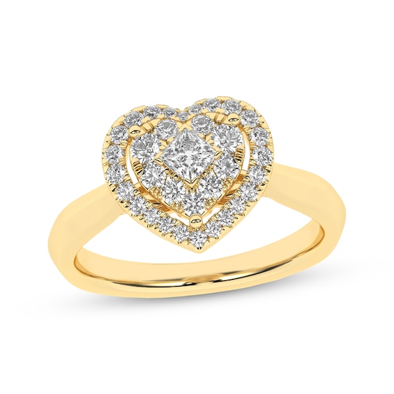 Now + Forever Princess & Round-Cut Multi-Diamond Center Heart-Shaped Halo Engagement Ring 1/2 ct tw 10K Yellow Gold