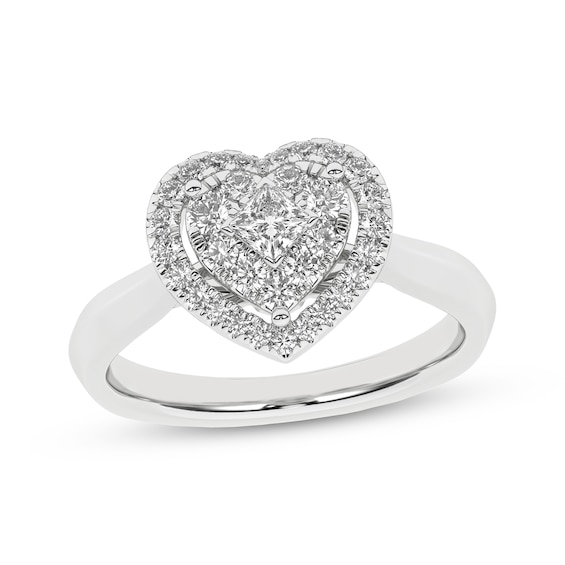 Now + Forever Princess & Round-Cut Multi-Diamond Heart-Shaped Halo Engagement Ring 1/2 ct tw 10K White Gold