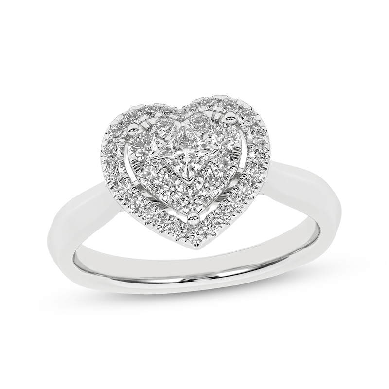 Main Image 1 of Now + Forever Princess & Round-Cut Multi-Diamond Heart-Shaped Halo Engagement Ring 1/2 ct tw 10K White Gold