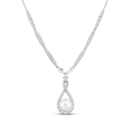 Cultured Pearl & White Lab-Created Sapphire Drop Necklace Sterling Silver 18"