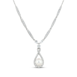 Cultured Pearl & White Lab-Created Sapphire Drop Necklace Sterling Silver 18"