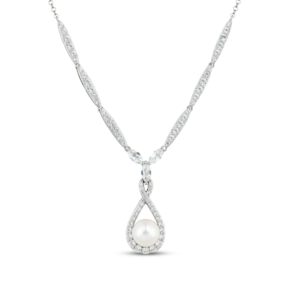 Cultured Pearl & White Lab-Created Sapphire Drop Necklace Sterling Silver 18"