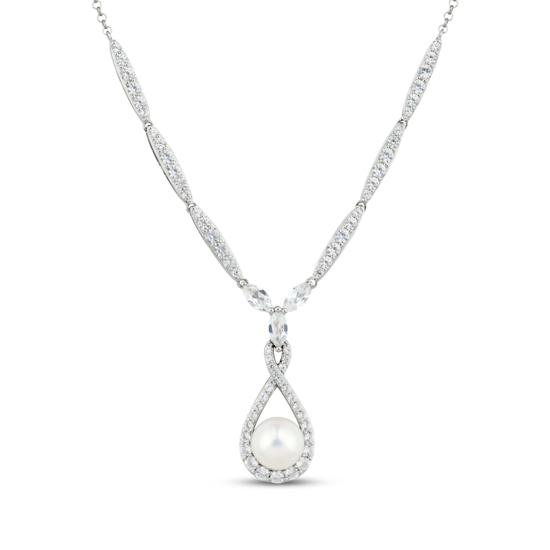 Main Image 1 of Cultured Pearl & White Lab-Created Sapphire Drop Necklace Sterling Silver 18"