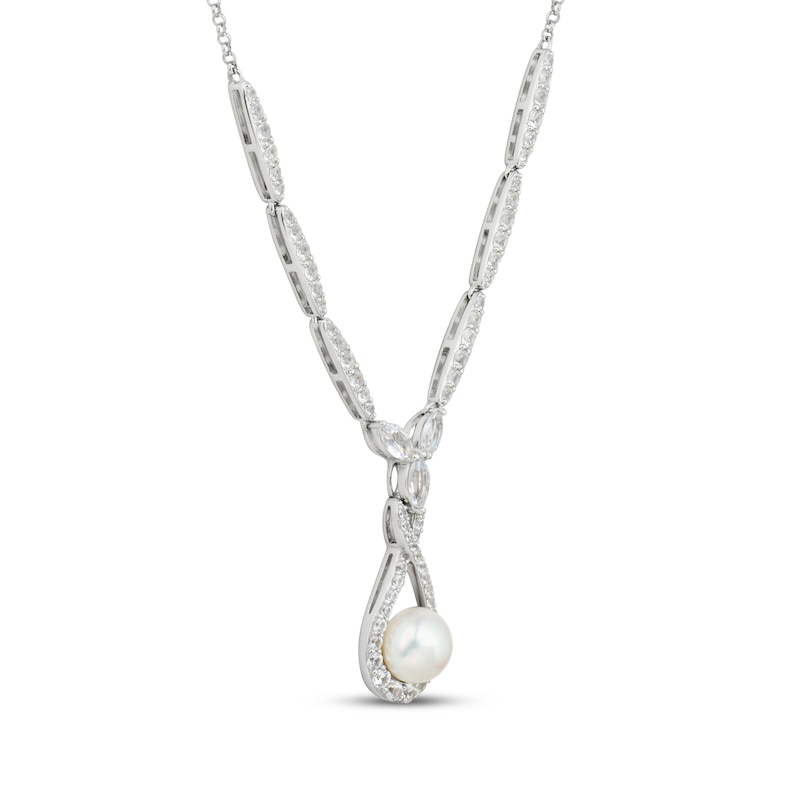 Main Image 2 of Cultured Pearl & White Lab-Created Sapphire Drop Necklace Sterling Silver 18"