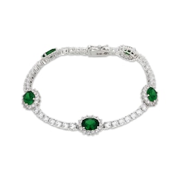 Oval-Cut Lab-Created Emerald & White Lab-Created Sapphire Halo Station Bracelet Sterling Silver 7.25"
