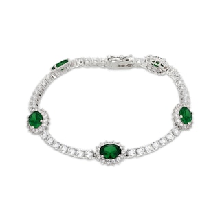 Oval-Cut Lab-Created Emerald & White Lab-Created Sapphire Halo Station Bracelet Sterling Silver 7.25"