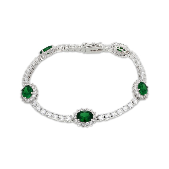 Oval-Cut Lab-Created Emerald & White Lab-Created Sapphire Halo Station Bracelet Sterling Silver 7.25"