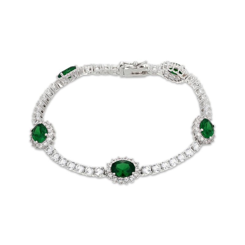 Main Image 1 of Oval-Cut Lab-Created Emerald & White Lab-Created Sapphire Halo Station Bracelet Sterling Silver 7.25&quot;