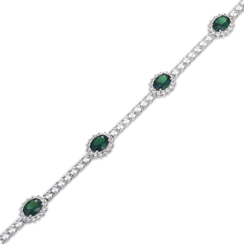 Main Image 2 of Oval-Cut Lab-Created Emerald & White Lab-Created Sapphire Halo Station Bracelet Sterling Silver 7.25&quot;