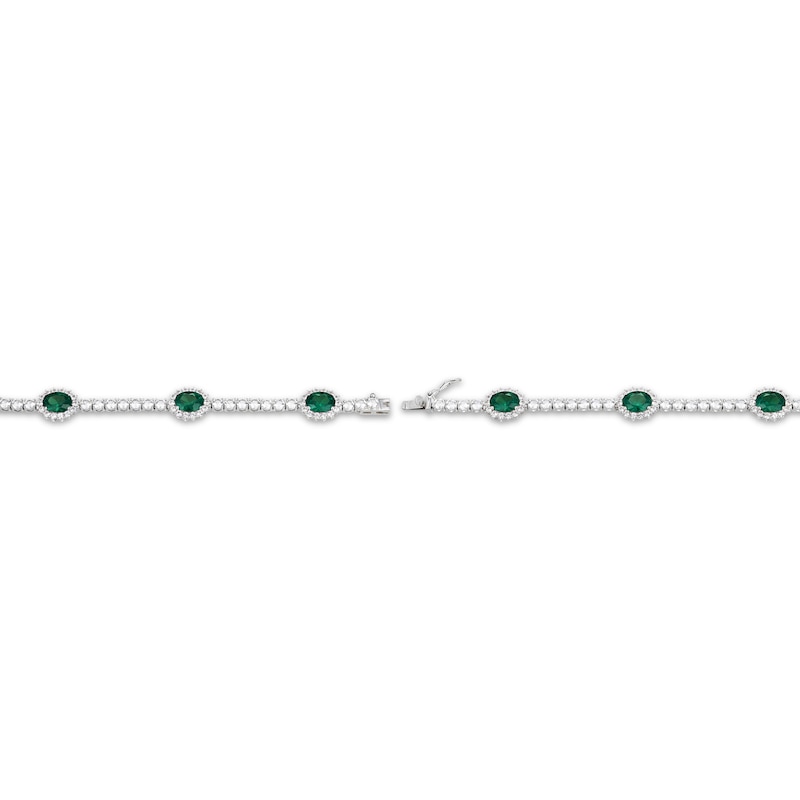 Main Image 3 of Oval-Cut Lab-Created Emerald & White Lab-Created Sapphire Halo Station Bracelet Sterling Silver 7.25&quot;