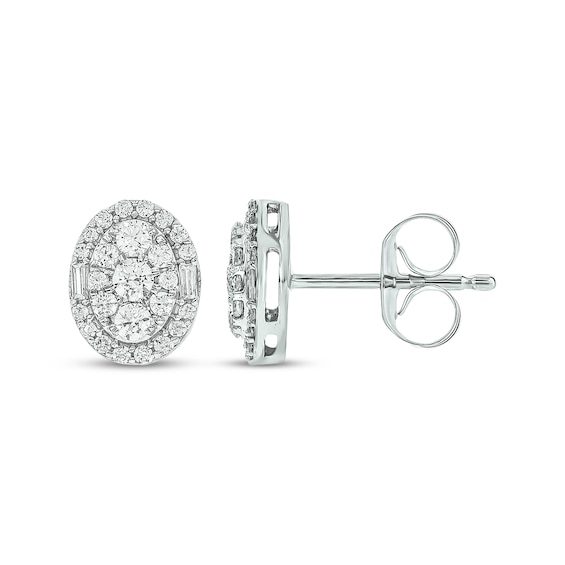 Round & Baguette-Cut Multi-Diamond Oval Halo Stud Earrings 1/2 ct tw 10K White Gold