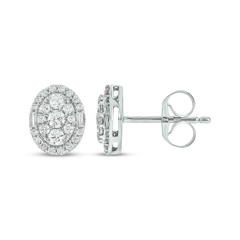 Main Image 1 of Round & Baguette-Cut Multi-Diamond Oval Halo Stud Earrings 1/2 ct tw 10K White Gold