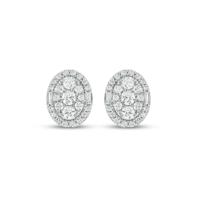 Main Image 2 of Round & Baguette-Cut Multi-Diamond Oval Halo Stud Earrings 1/2 ct tw 10K White Gold