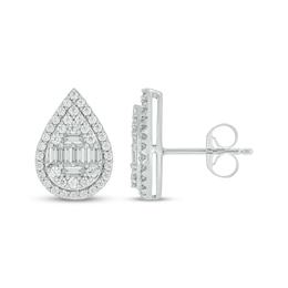Baguette & Round-Cut Multi-Diamond Teardrop Halo Stud Earrings 1/2 ct tw 10K White Gold