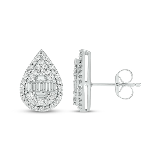 Baguette & Round-Cut Multi-Diamond Teardrop Halo Stud Earrings 1/2 ct tw 10K White Gold