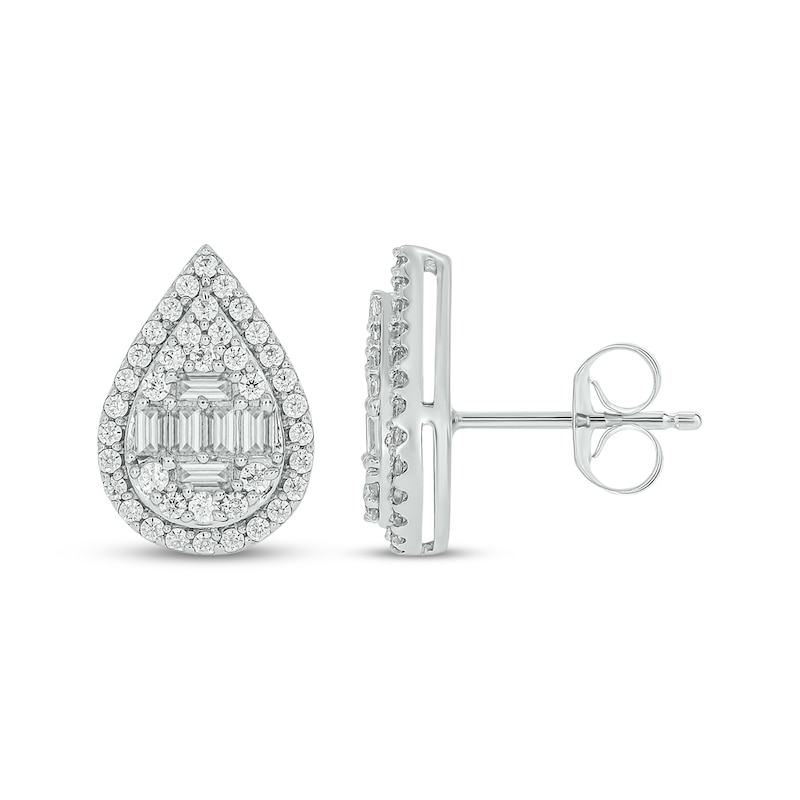 Main Image 1 of Baguette & Round-Cut Multi-Diamond Teardrop Halo Stud Earrings 1/2 ct tw 10K White Gold