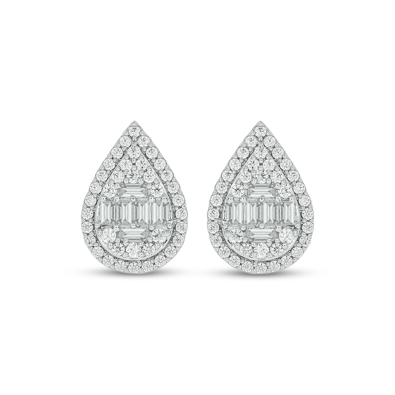 Main Image 2 of Baguette & Round-Cut Multi-Diamond Teardrop Halo Stud Earrings 1/2 ct tw 10K White Gold