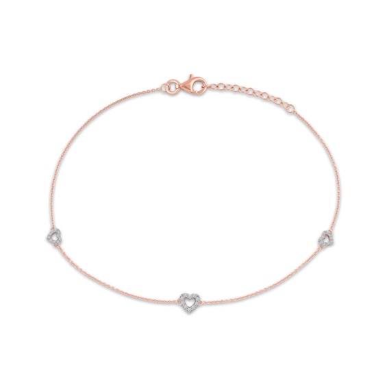 Diamond Heart Outline Station Anklet 1/8 ct tw 10K Rose Gold 10"
