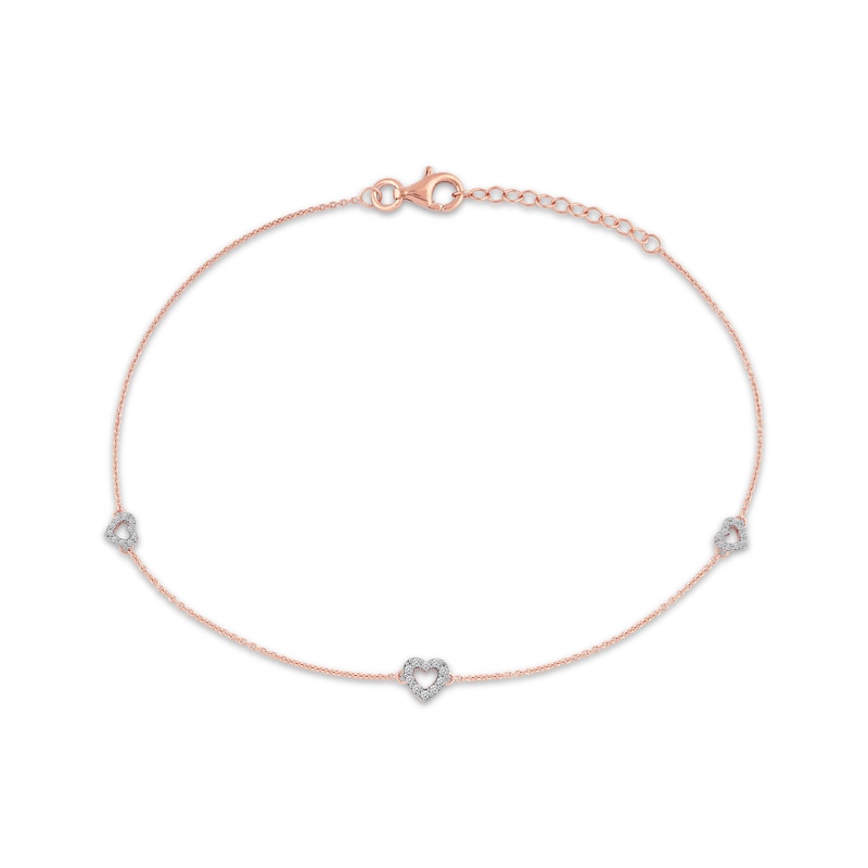 Main Image 1 of Diamond Heart Outline Station Anklet 1/8 ct tw 10K Rose Gold 10"