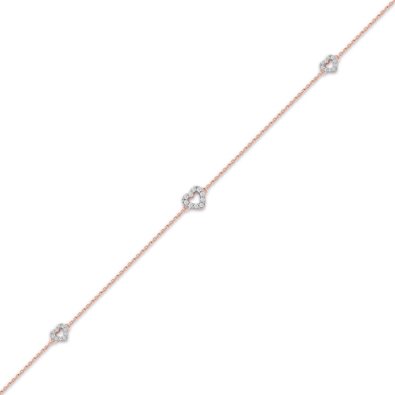 Main Image 2 of Diamond Heart Outline Station Anklet 1/8 ct tw 10K Rose Gold 10"