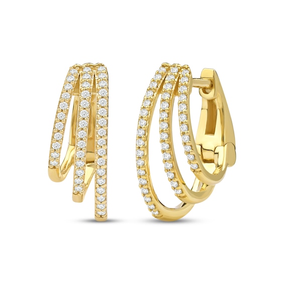 Diamond Three-Row Staggered Huggie Hoop Earrings 1/4 ct tw 10K Gold