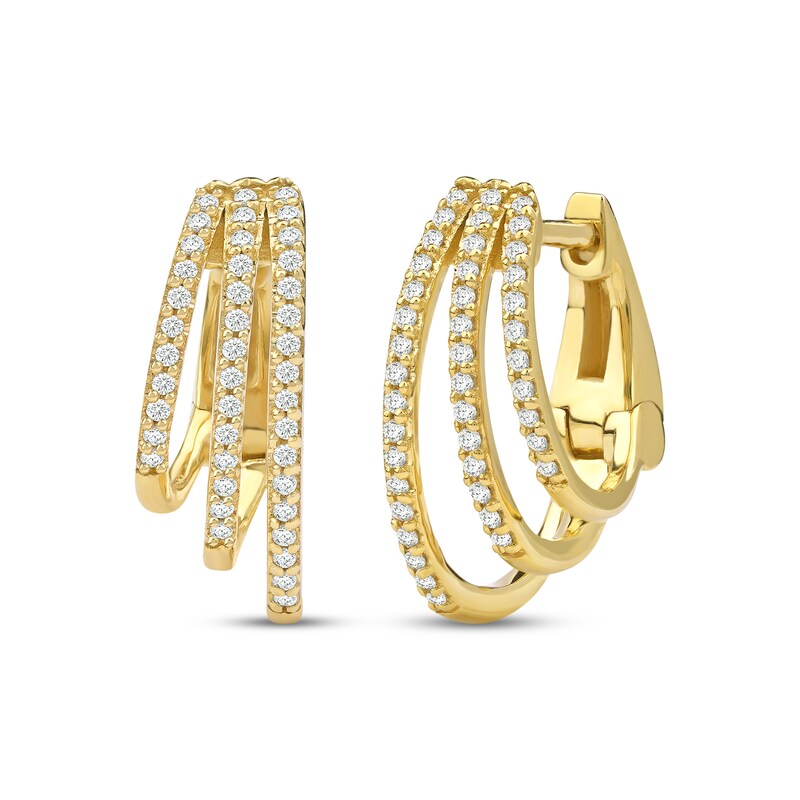 Main Image 1 of Diamond Three-Row Staggered Huggie Hoop Earrings 1/4 ct tw 10K Yellow Gold