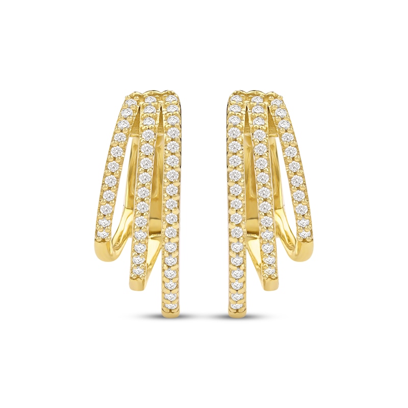Main Image 2 of Diamond Three-Row Staggered Huggie Hoop Earrings 1/4 ct tw 10K Yellow Gold