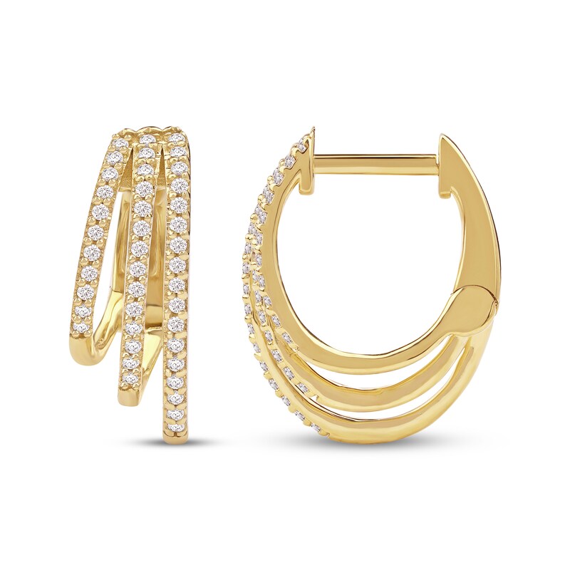 Main Image 3 of Diamond Three-Row Staggered Huggie Hoop Earrings 1/4 ct tw 10K Yellow Gold