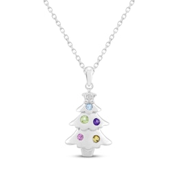 Multicolor Natural & Lab-Created Gemstone Christmas Tree Necklace Sterling Silver 18"