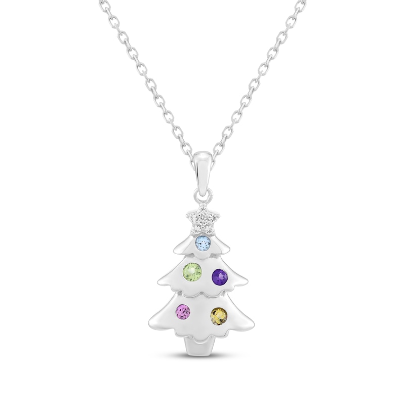 Main Image 1 of Multicolor Natural & Lab-Created Gemstone Christmas Tree Necklace Sterling Silver 18"