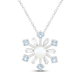 Cultured Pearl, Swiss Blue Topaz & White Lab-Created Sapphire Snowflake Necklace Sterling Silver 18"