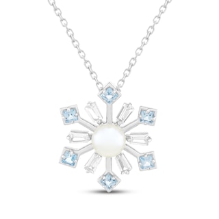 Cultured Pearl, Swiss Blue Topaz & White Lab-Created Sapphire Snowflake Necklace Sterling Silver 18"