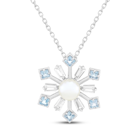 Cultured Pearl, Swiss Blue Topaz & White Lab-Created Sapphire Snowflake Necklace Sterling Silver 18"