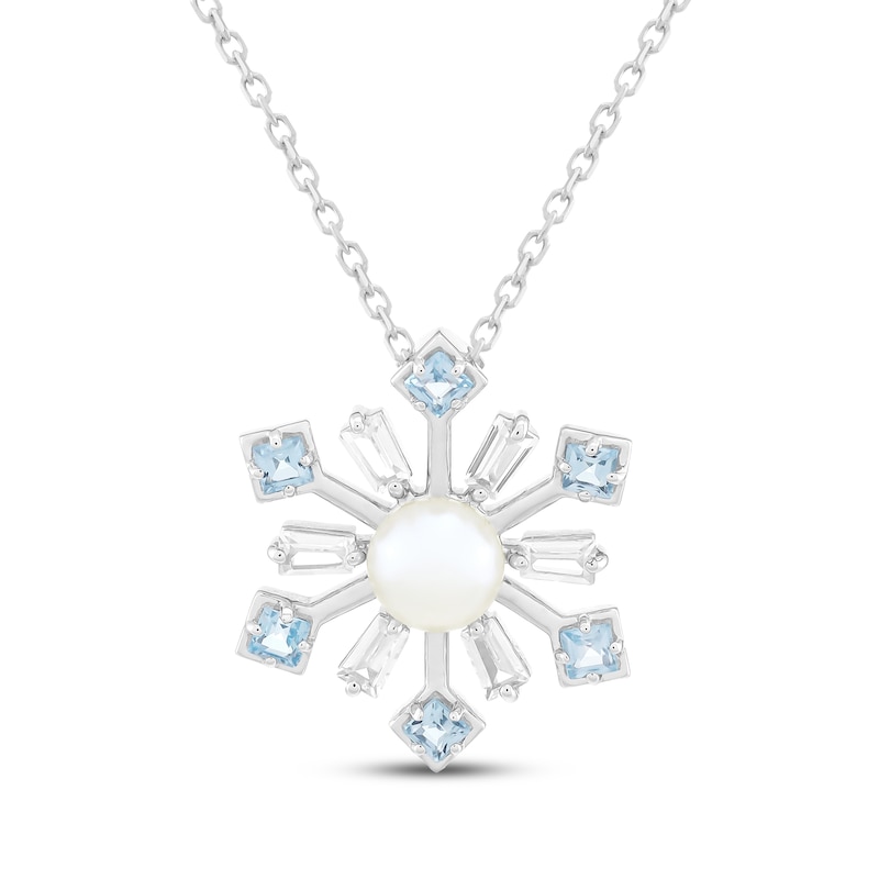 Main Image 1 of Cultured Pearl, Swiss Blue Topaz & White Lab-Created Sapphire Snowflake Necklace Sterling Silver 18"