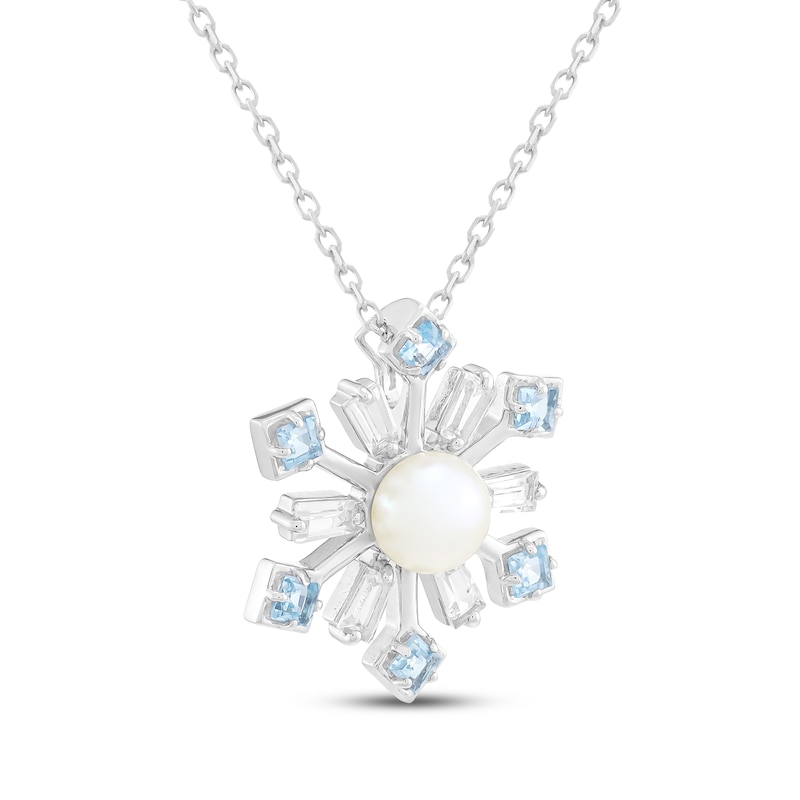 Main Image 2 of Cultured Pearl, Swiss Blue Topaz & White Lab-Created Sapphire Snowflake Necklace Sterling Silver 18"