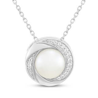 Button Cultured Pearl & White Lab-Created Sapphire Swirl Necklace Sterling Silver 18"
