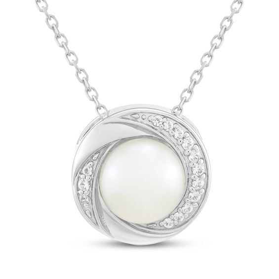 Button Cultured Pearl & White Lab-Created Sapphire Swirl Necklace Sterling Silver 18"