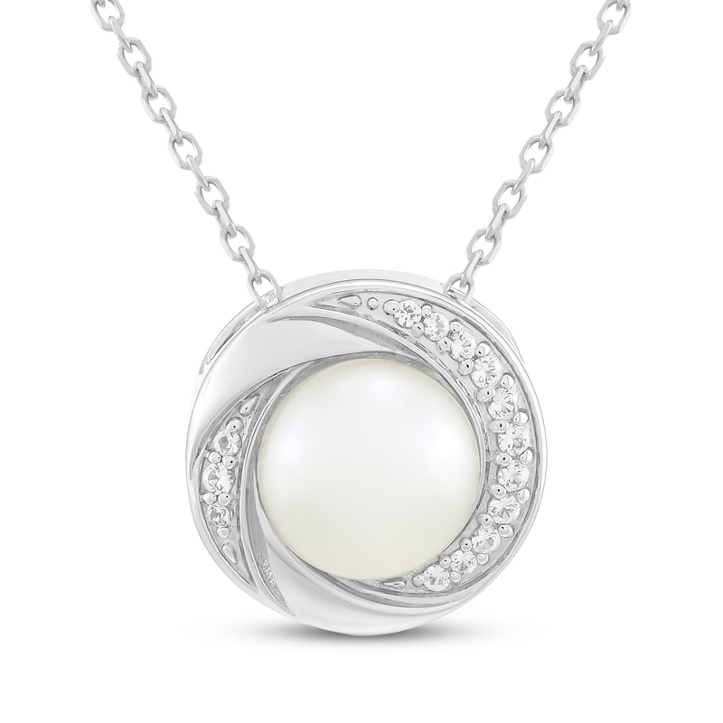 Main Image 1 of Button Cultured Pearl & White Lab-Created Sapphire Swirl Necklace Sterling Silver 18"