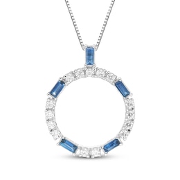Baguette-Cut Blue Sapphire & Diamond Circle Frame Necklace 1/4 ct tw Sterling Silver 18"