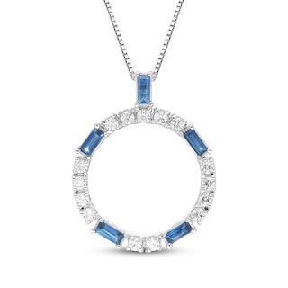 Baguette-Cut Blue Sapphire & Diamond Circle Frame Necklace 1/4 ct tw Sterling Silver 18"