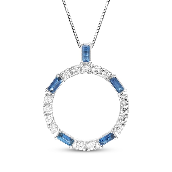 Baguette-Cut Blue Sapphire & Diamond Circle Frame Necklace 1/4 ct tw Sterling Silver 18"