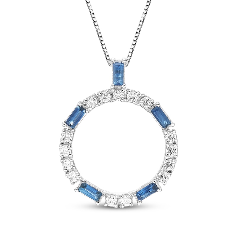 Main Image 1 of Baguette-Cut Blue Sapphire & Diamond Circle Frame Necklace 1/4 ct tw Sterling Silver 18"