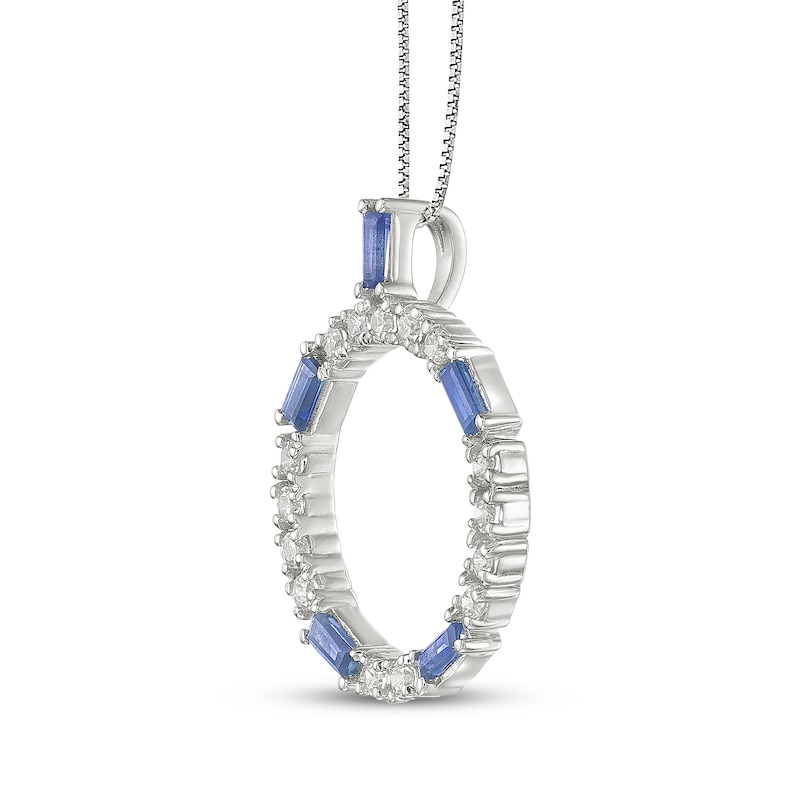 Main Image 2 of Baguette-Cut Blue Sapphire & Diamond Circle Frame Necklace 1/4 ct tw Sterling Silver 18"