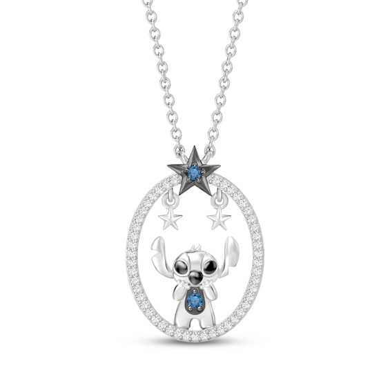 Disney Treasures Lilo & Stitch London Blue Topaz & Diamond Stars Necklace 1/8 ct tw Sterling Silver 18"