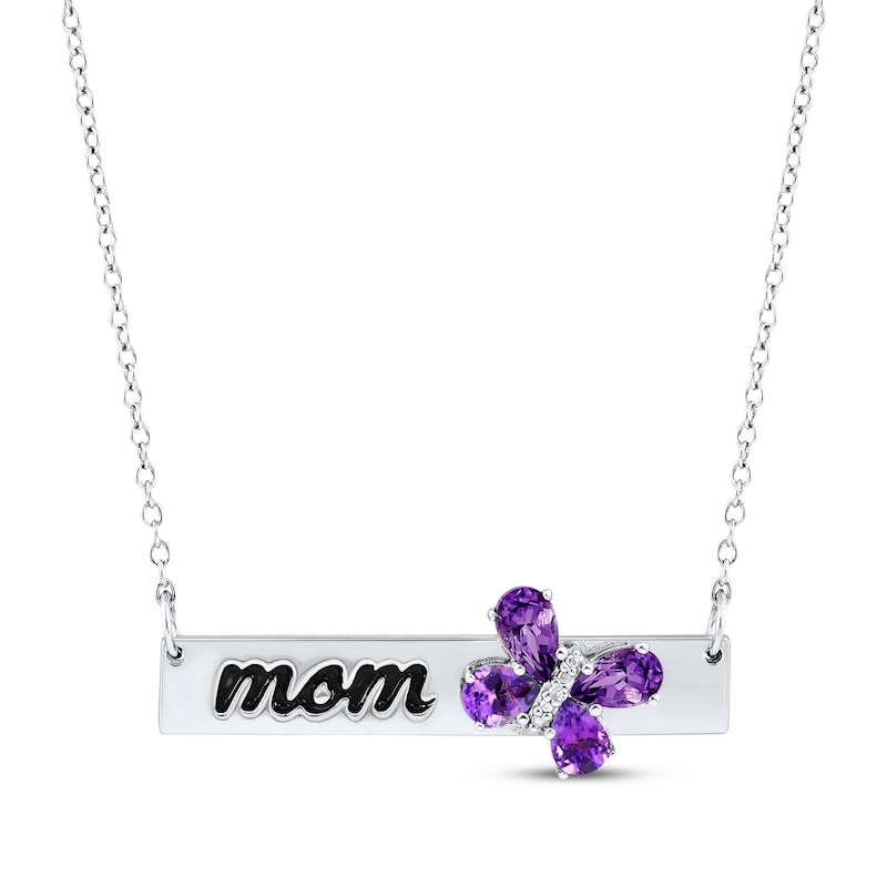 Main Image 1 of Pear-Shaped Amethyst & Diamond Accent "Mom" Butterfly Necklace Sterling Silver 19.25"